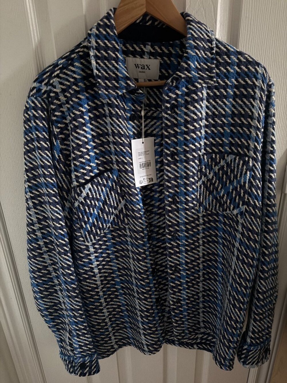 Wax London Men's Navy Whiting Overshirt in Navy Houndstooth Size Large